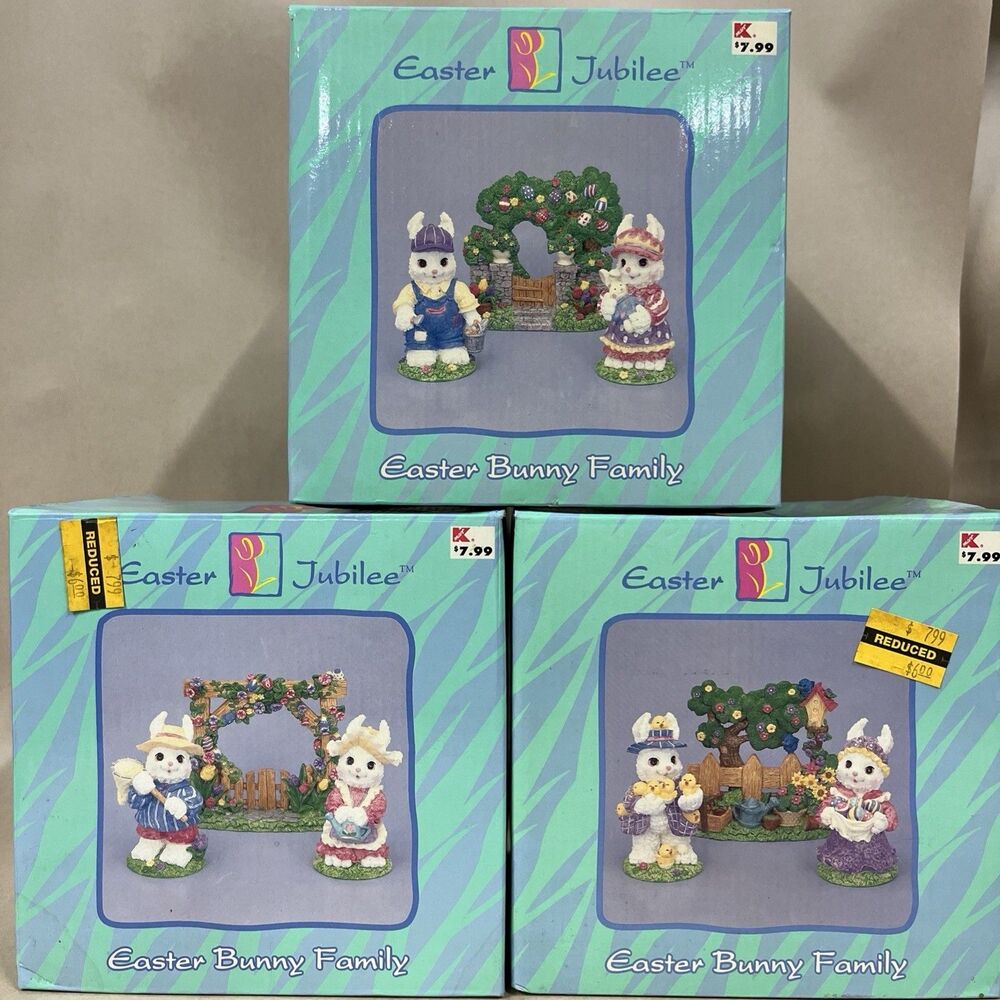 3 Sets VTG‎ Easter Jubilee Porcelain Easter Bunny Family Garden Gate w/ Box EUC